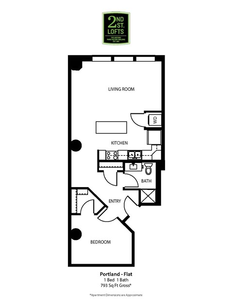 Floor plan for 1 bed, 1 bath, 793 sqft